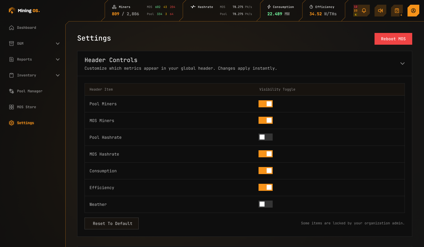 Header Controls panel